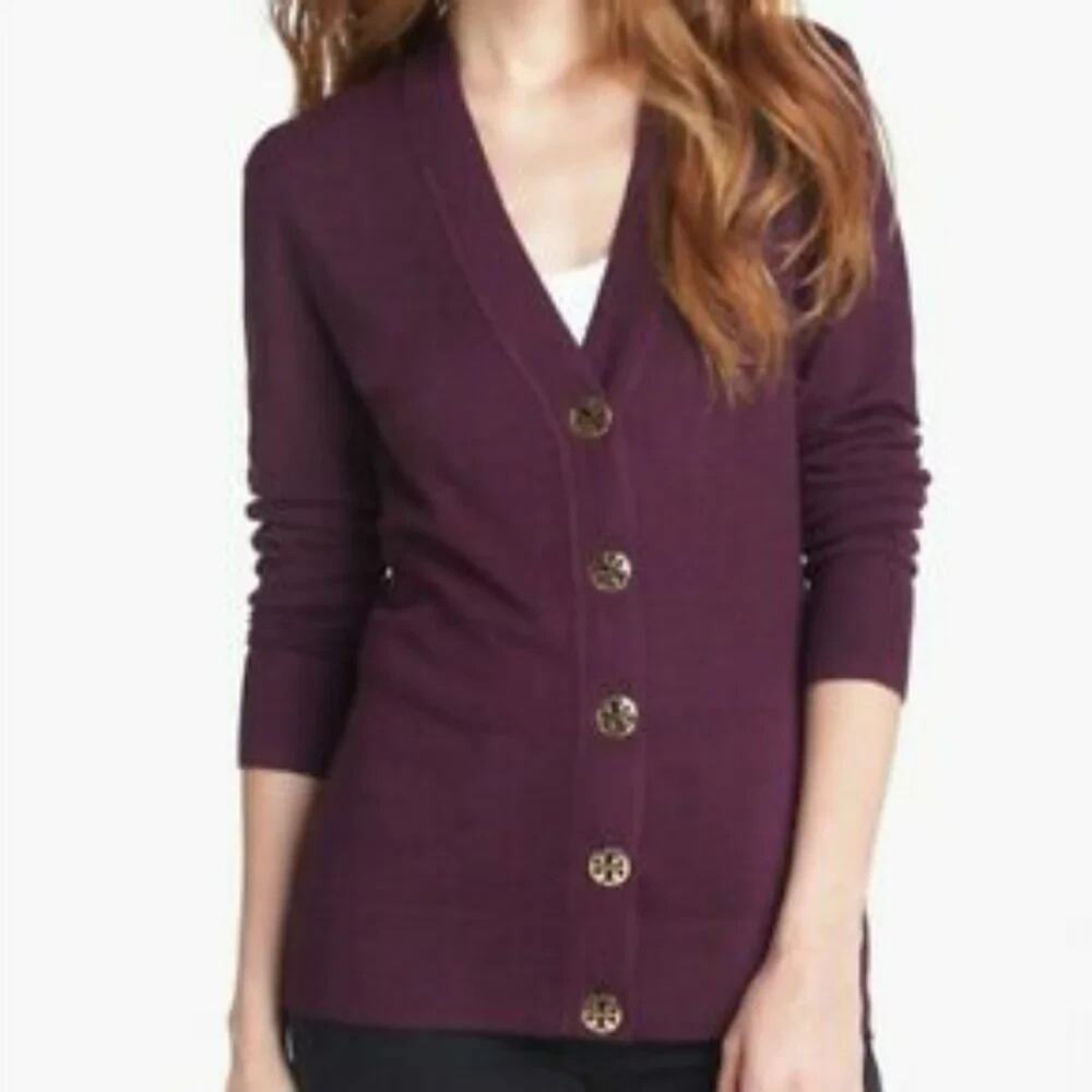 Tory Burch Simone Cardigan Sweater Merino Wool Purple Gold Logo Button VNeck XXS